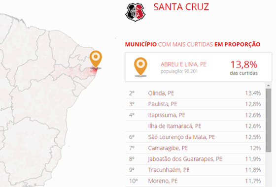 Mapa de curtidas dos times do Brasil no Facebook (Santa Cruz). Crédito: app.globoesporte.globo.com/futebol/mapa-das-torcidas-no-facebook (reprodução)