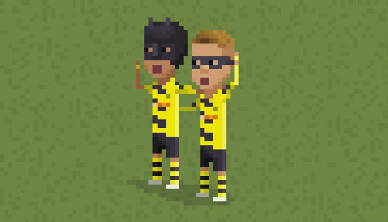 Aubameyang e Marco Reus comemorando como Batman e Robin no Borussia Dortmund. Crédito: 8bitfootball (twitter.com/8bitfootball)