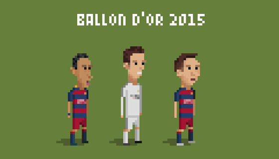 Neymar, Cristiano Ronaldo e Messi, os finalistas da Bola de Ouro de 2015. Crédito: 8bitfootball (twitter.com/8bitfootball