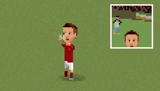 No empate com a Lazio, o atacante Totti marcou dois gols, comemorando o seguindo com um "seflie". Crédito: 8bitfootball (twitter.com/8bitfootball)