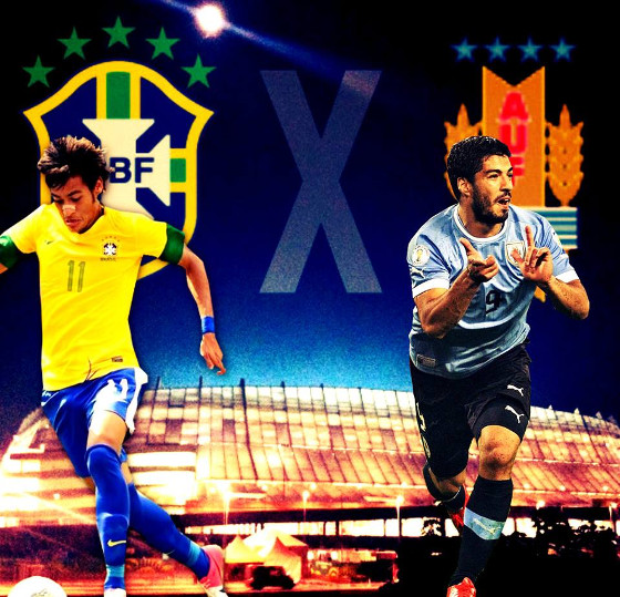 Brasil (Neymar) x Uruguai (Suárez), na Arena Pernambuco, pelas Eliminatórias da Copa 2018. Arte: Fred Figueiroa/DP