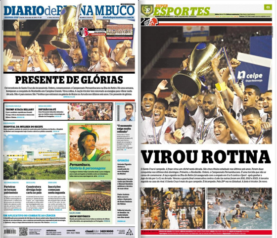 As capas do Diario de Pernambuco e do caderno Superesportes em 9 de maio de 2016, com o título estadual do Santa Cruz