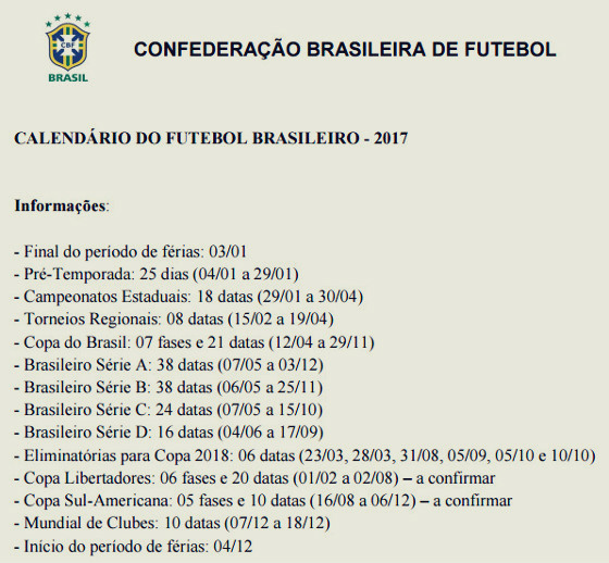 Calendário do futebol brasileiro em 2017. Crédito: CBF/divulgação