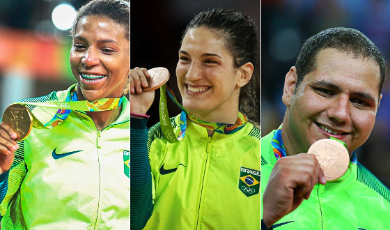 Rafaela Silva, Mayra Aguiar e Rafael Silva em ação nos Jogos Olímpicos de 2016. Fotos: Rio 2016/twitter (@rio2016)