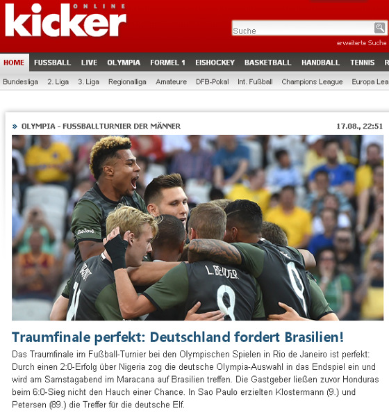 Jornal alemão anunciando a final olímpica de futebol: Brasil x Alemanha