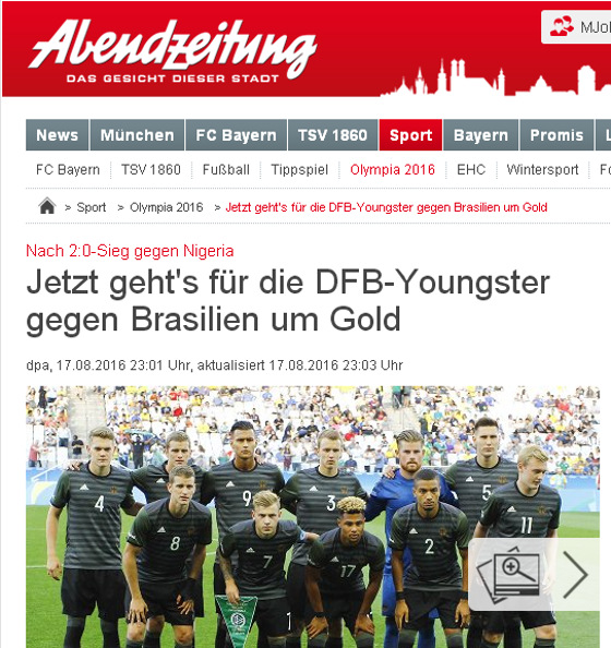 Jornal alemão anunciando a final olímpica de futebol: Brasil x Alemanha
