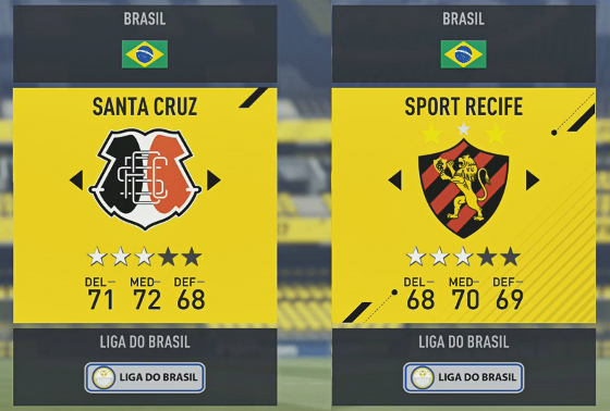 Fichas de Santa Cruz e Sport no game Fifa 17