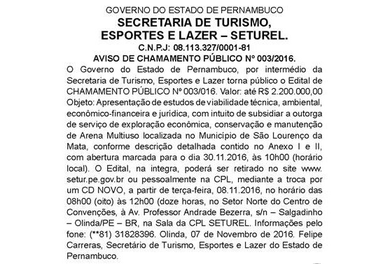Licitação para estudo de viabilidade da Arena Pernambuco em novembro de 2016. Reprodução: Diário Oficial de Pernambuco