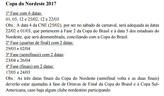 Calendário oficial do futebol brasileiro em 2017, com ajuste na Copa do Nordeste e nos Estaduais
