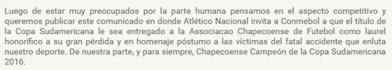 Comunicado do Atlético Nacional sobre o título da Sula 2016. Crédito: Reprodução