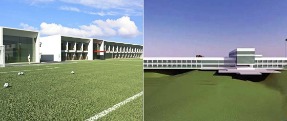 O projeto original (à esquerda) e o novo projeto (à direita) do Centro de Treinamento do Santa Cruz. Crédito: divulgação