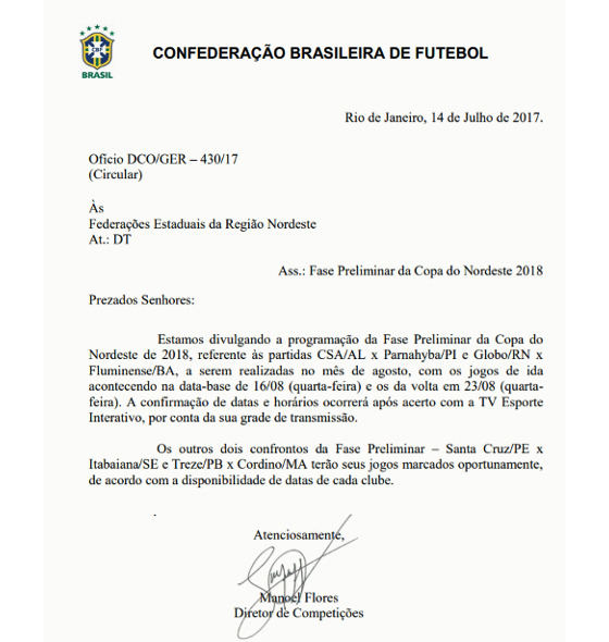 Ofício da CBF sobre a Copa do Nordeste 2018. Crédito: CBF/site oficial (reprodução)