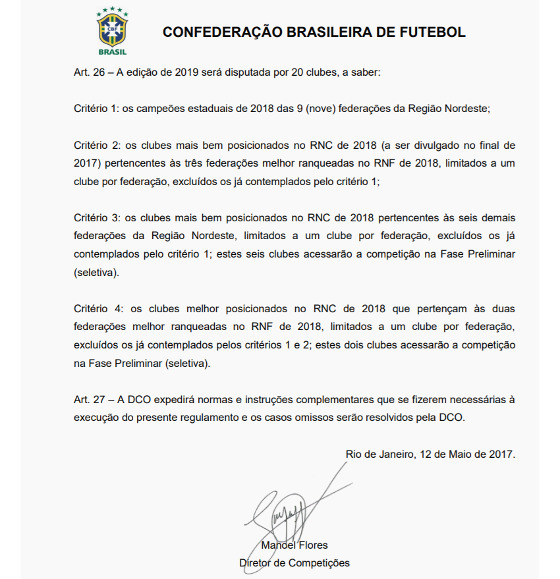 O regulamento sobre as vagas da Copa do Nordeste de 2019. Crédito: CBF/reprodução