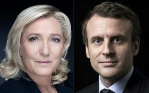 Marine Le Pen e Emanuel Macron lado a lado em fundo preto. Disputa pelas Eleições na França